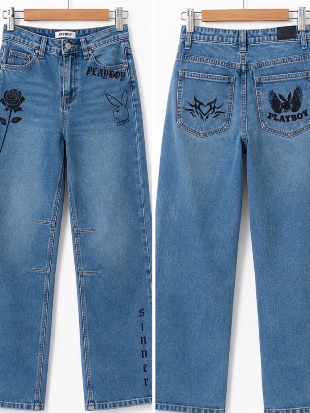 PLAYBOY Blue Wide-Leg Jeans with Black Graphic Prints 7